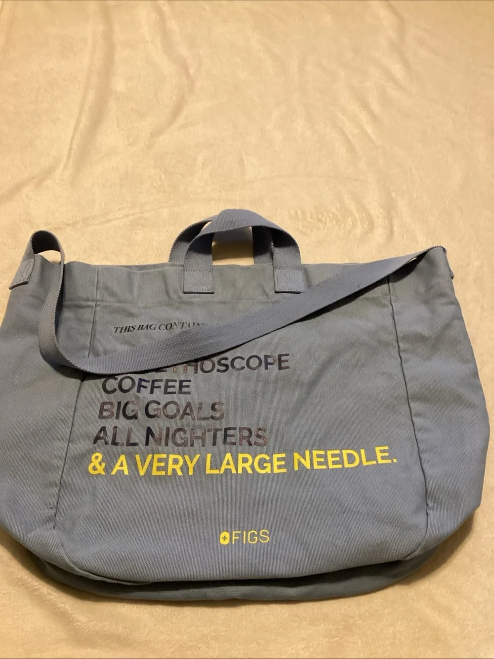 FIGS Slate Blue Canvas Messenger Tote with Yellow Accent